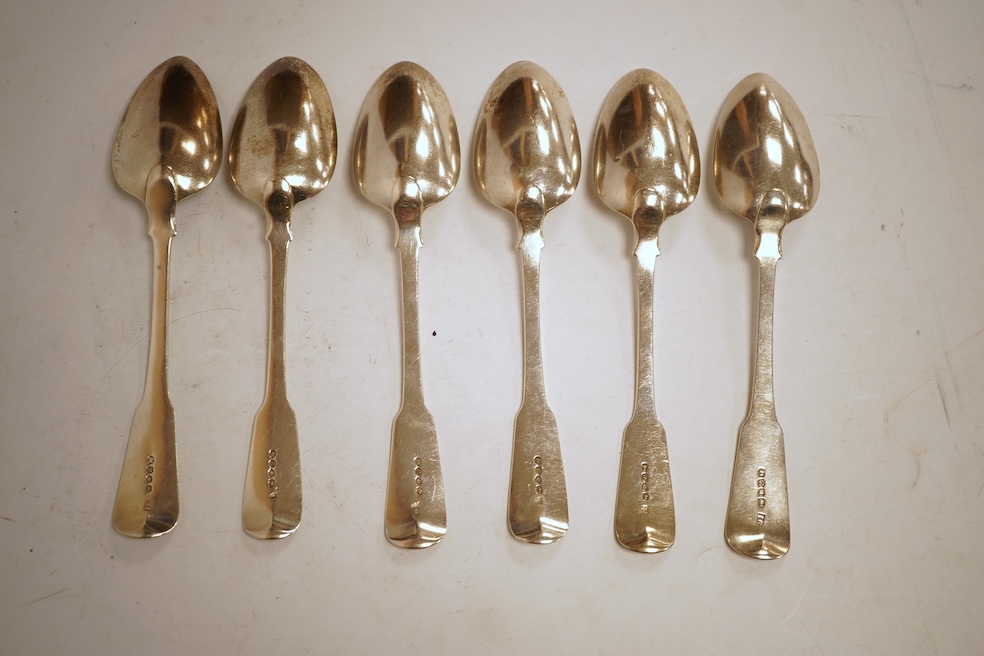 A matched set of six George III silver fiddle pattern table spoons, including four by Eley, Fearn and Chawner, London, 1820 and two London, 1808, 14.2oz.